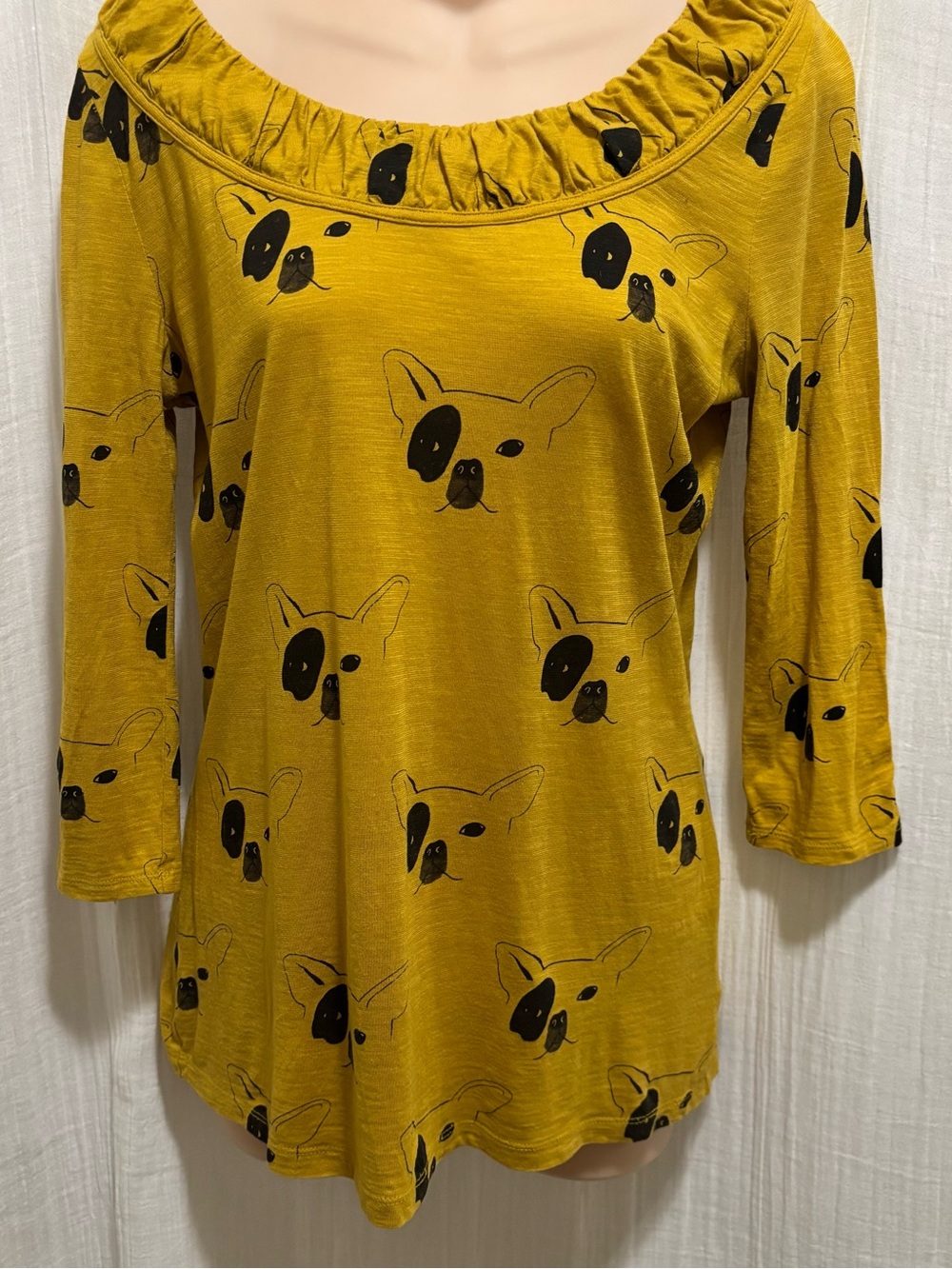 Iconic Anthropologie Yellow French Bulldog Print Ruffle Top size S